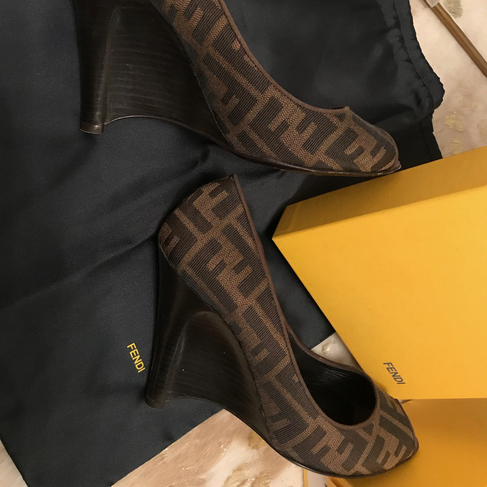FENDI ZEPPA ZUCCA JACQUARD 4" WEDGE HEELS